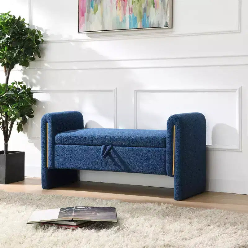TUYOHW Moderna Panca da Letto con Braccioli e Contenitore, Grande Sgabello Ottomano Imbottito, Comoda Panca da Finestra per Soggiorno, Blu Navy