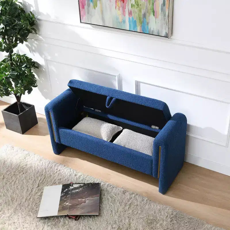 TUYOHW Moderna Panca da Letto con Braccioli e Contenitore, Grande Sgabello Ottomano Imbottito, Comoda Panca da Finestra per Soggiorno, Blu Navy
