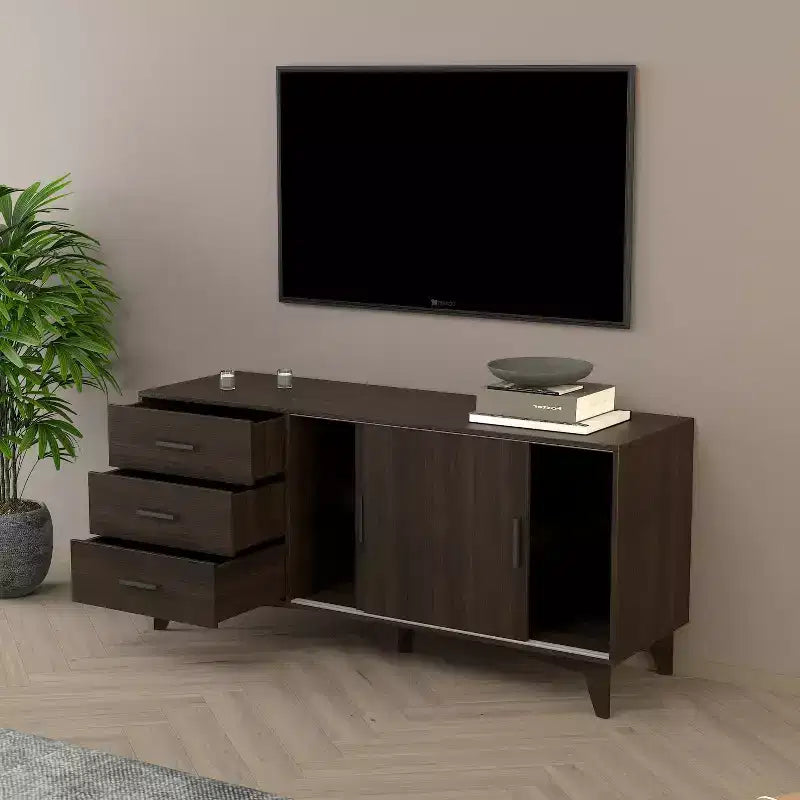 Mobile TV HomeStock Parker con ante scorrevoli e cassetti, marrone scuro