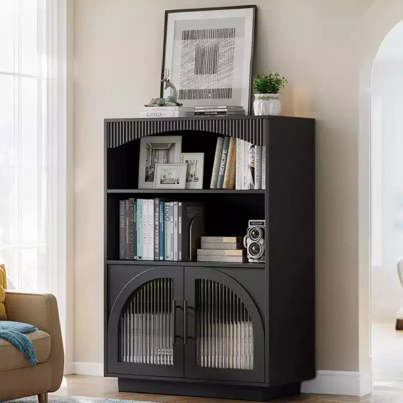 SOLACE FURNITURE Libreria 46 con Ante, Libreria Nera con Ante in Vetro, Libreria Piccola a 3 Ripiani