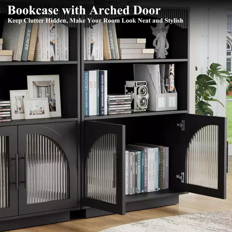 SOLACE FURNITURE Libreria 46 con Ante, Libreria Nera con Ante in Vetro, Libreria Piccola a 3 Ripiani