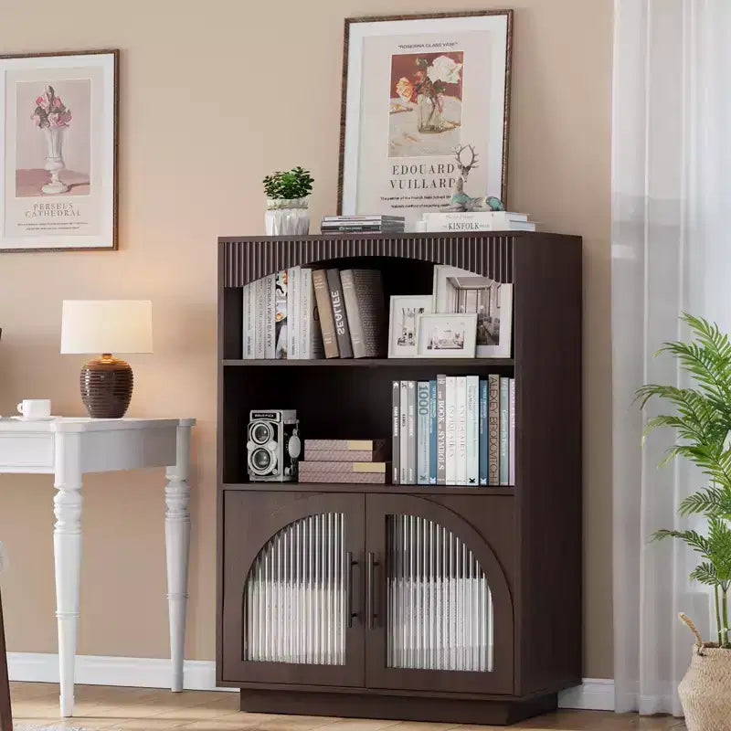 SOLACE FURNITURE Libreria 46 con Ante, Libreria Nera con Ante in Vetro, Libreria Piccola a 3 Ripiani