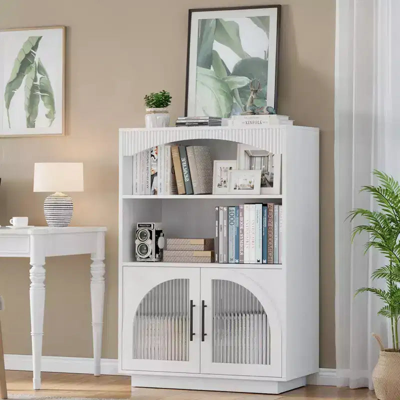 SOLACE FURNITURE Libreria 46 con Ante, Libreria Nera con Ante in Vetro, Libreria Piccola a 3 Ripiani