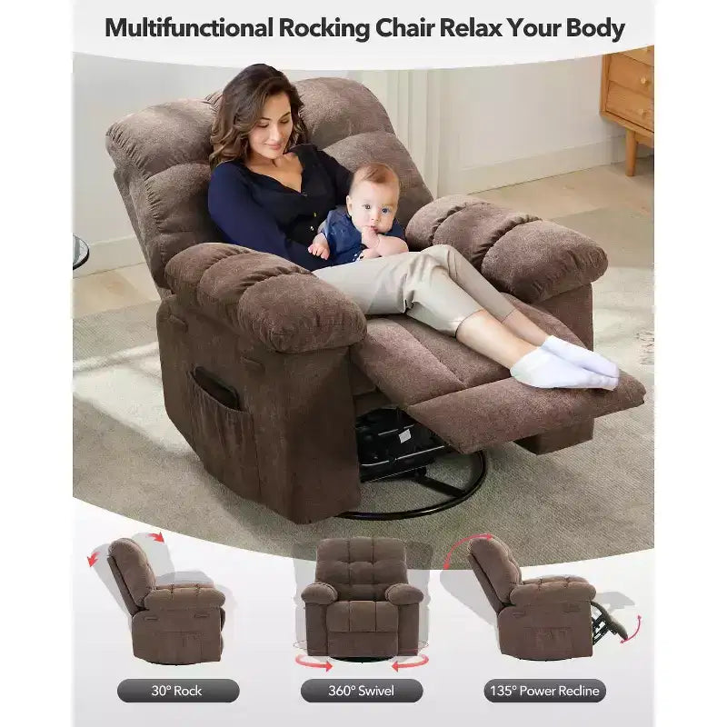 GustoWave Poltrona reclinabile girevole oversize per adulti, reclinabile manuale a 360°, comodo divano reclinabile in morbido tessuto