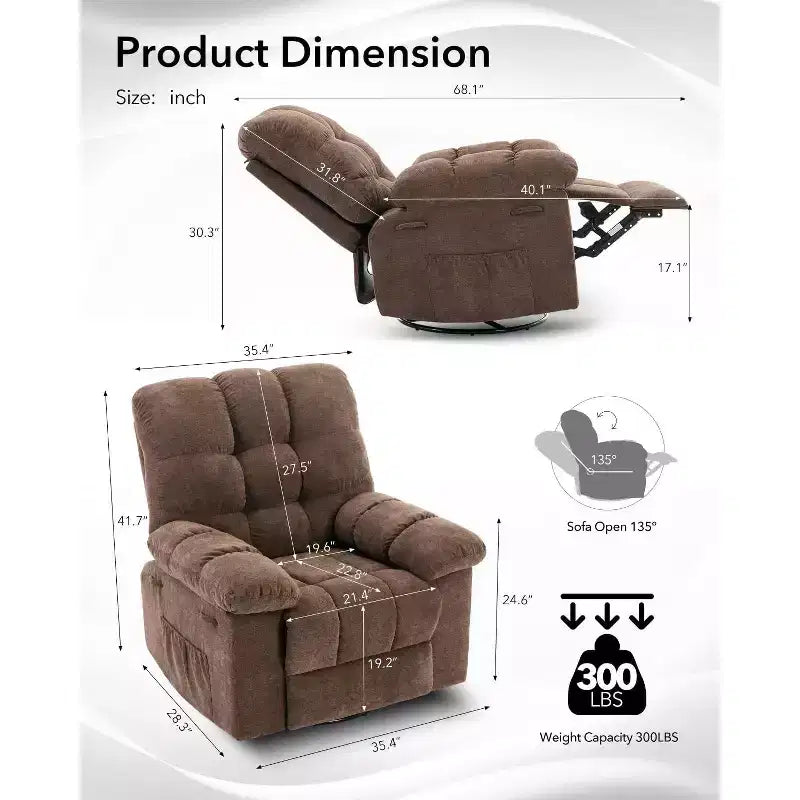 GustoWave Poltrona reclinabile girevole oversize per adulti, reclinabile manuale a 360°, comodo divano reclinabile in morbido tessuto