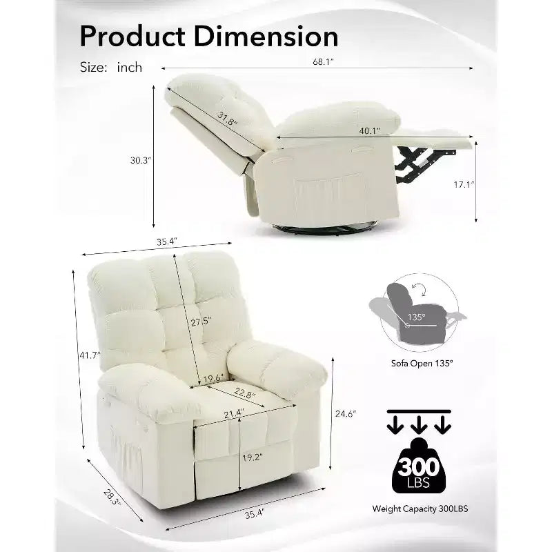 GustoWave Poltrona reclinabile girevole oversize per adulti, reclinabile manuale a 360°, comodo divano reclinabile in morbido tessuto