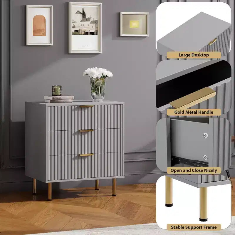 Comò a 3 cassetti per camera da letto, comodino moderno scanalato con cassetti profondi, organizer in legno multifunzionale per soggiorno, corridoio e camera dei bambini