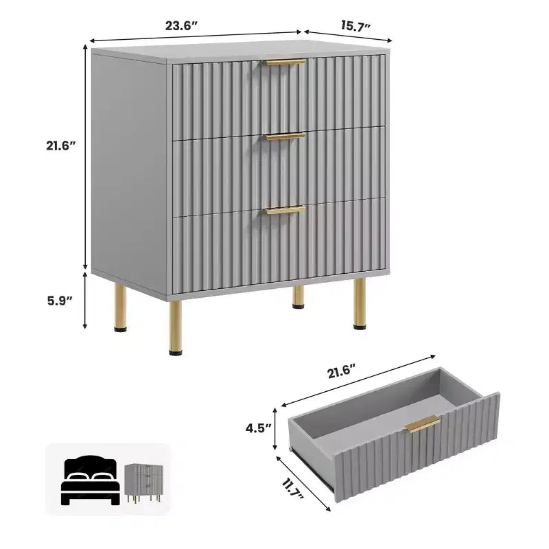 Comò a 3 cassetti per camera da letto, comodino moderno scanalato con cassetti profondi, organizer in legno multifunzionale per soggiorno, corridoio e camera dei bambini