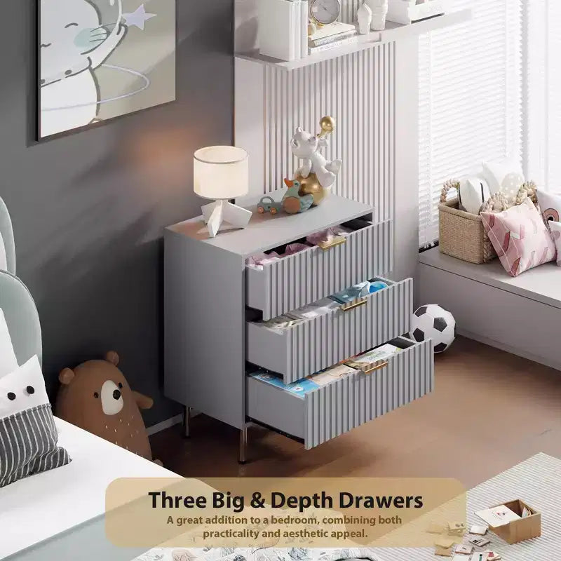 Comò a 3 cassetti per camera da letto, comodino moderno scanalato con cassetti profondi, organizer in legno multifunzionale per soggiorno, corridoio e camera dei bambini