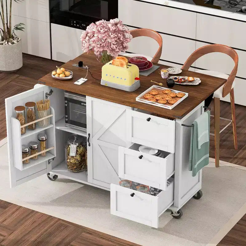 CLIHOME 54.5 Isola Carrello da Cucina su Ruote in Stile Rustico con Presa di Corrente, Carrello da Cucina con Ripiano Interno, Piano Ribaltabile, Portaspezie
