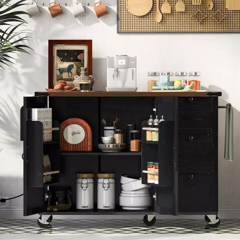 CLIHOME 54.5 Isola Carrello da Cucina su Ruote in Stile Rustico con Presa di Corrente, Carrello da Cucina con Ripiano Interno, Piano Ribaltabile, Portaspezie