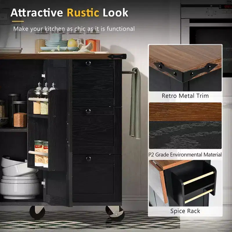CLIHOME 54.5 Isola Carrello da Cucina su Ruote in Stile Rustico con Presa di Corrente, Carrello da Cucina con Ripiano Interno, Piano Ribaltabile, Portaspezie