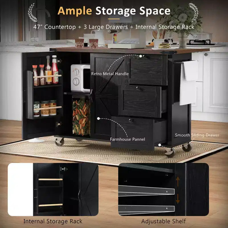 CLIHOME 54.5 Isola Carrello da Cucina su Ruote in Stile Rustico con Presa di Corrente, Carrello da Cucina con Ripiano Interno, Piano Ribaltabile, Portaspezie