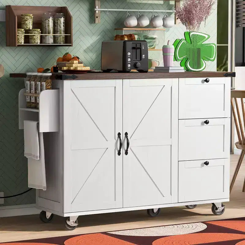 CLIHOME 54.5 Isola Carrello da Cucina su Ruote in Stile Rustico con Presa di Corrente, Carrello da Cucina con Ripiano Interno, Piano Ribaltabile, Portaspezie
