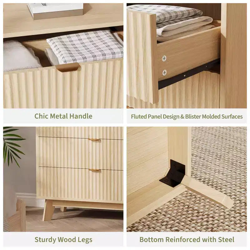 Comò a 3 cassetti, cassettiere moderne a doghe, cassettiera in legno, organizer per cassetti