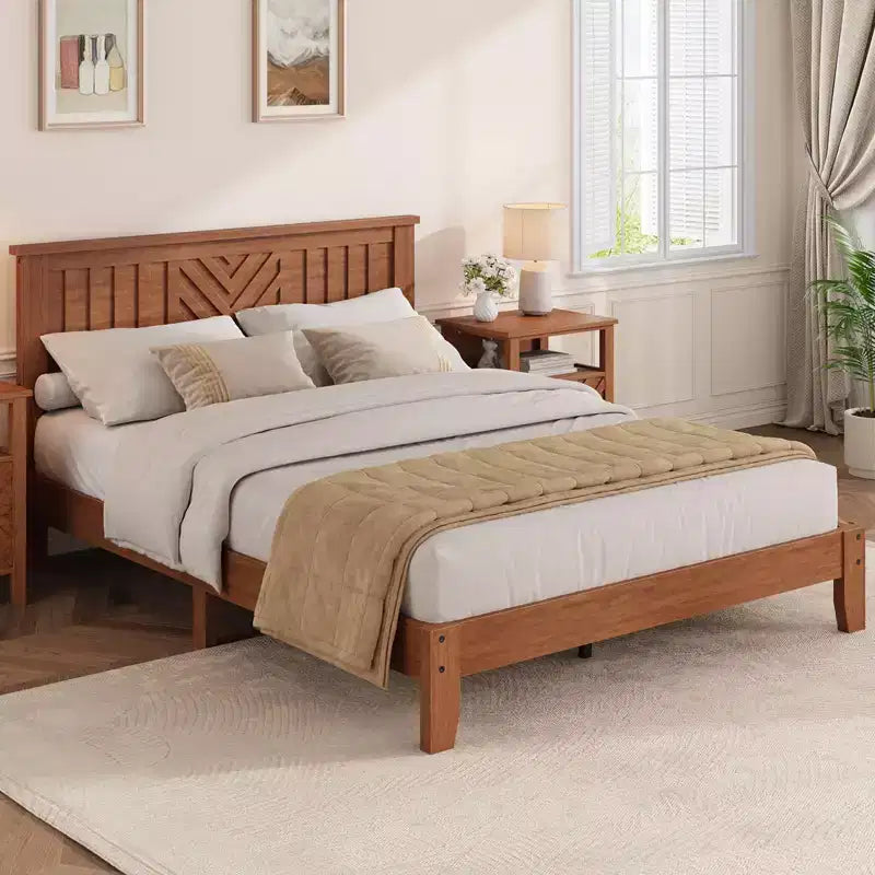 Struttura Letto in Legno con Testiera, Base per Materasso Matrimoniale con Doghe in Legno, Nessuna Rete a Molle Necessaria, Facile Montaggio, Marrone Chiaro