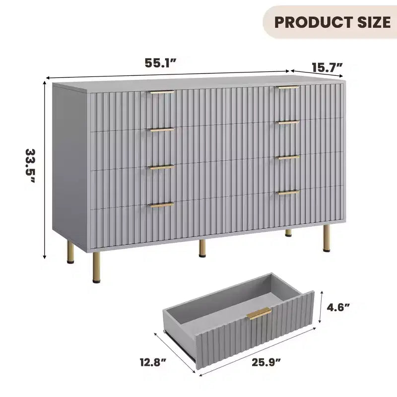 Cassettiera a 8 cassetti per camera da letto, comò moderno da 54 pollici con scanalature e cassetti profondi, organizer in legno per soggiorno, corridoio, camera dei bambini