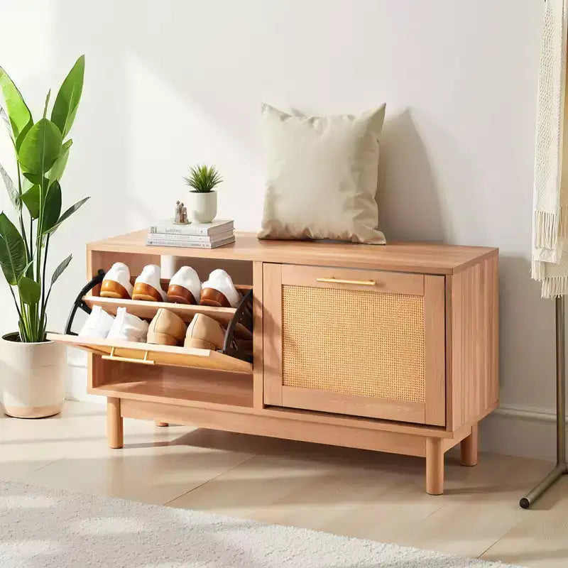 VEVOR Panchina scarpiera da ingresso, 100 x 30 x 53 cm, panchina porta scarpe effetto rattan con 2 cassetti a ribalta, scarpiera portaoggetti da 136 kg con 4 scomparti, marrone