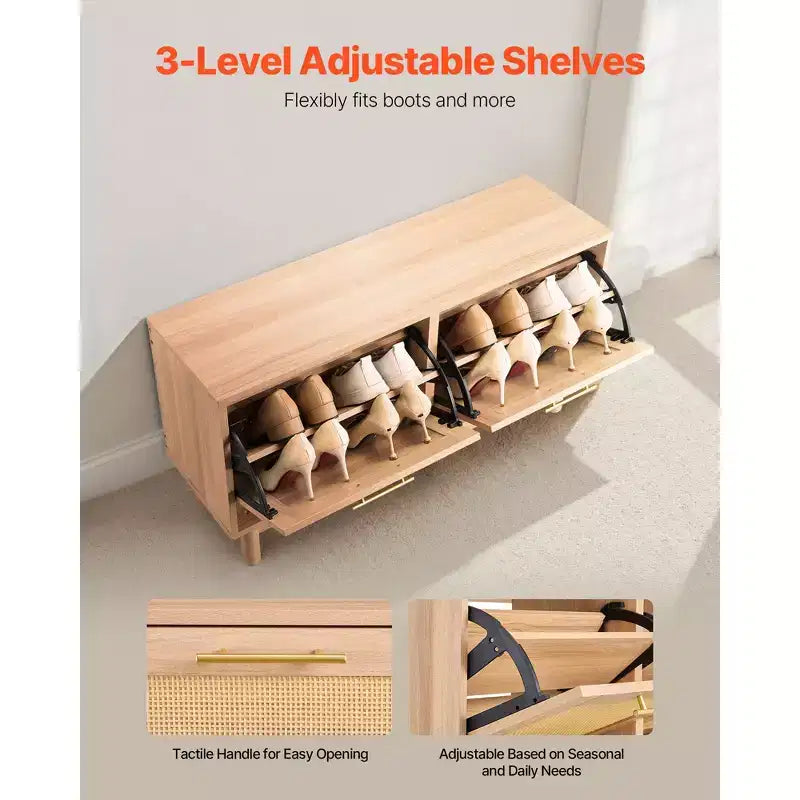 VEVOR Panchina scarpiera da ingresso, 100 x 30 x 53 cm, panchina porta scarpe effetto rattan con 2 cassetti a ribalta, scarpiera portaoggetti da 136 kg con 4 scomparti, marrone
