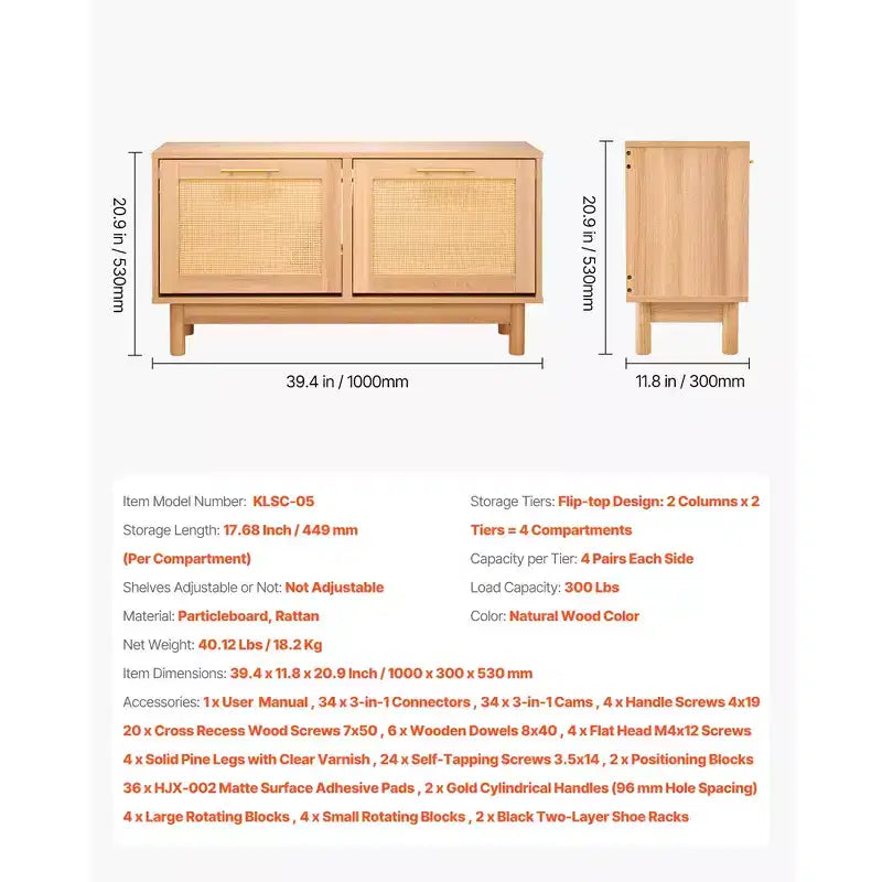 VEVOR Panchina scarpiera da ingresso, 100 x 30 x 53 cm, panchina porta scarpe effetto rattan con 2 cassetti a ribalta, scarpiera portaoggetti da 136 kg con 4 scomparti, marrone