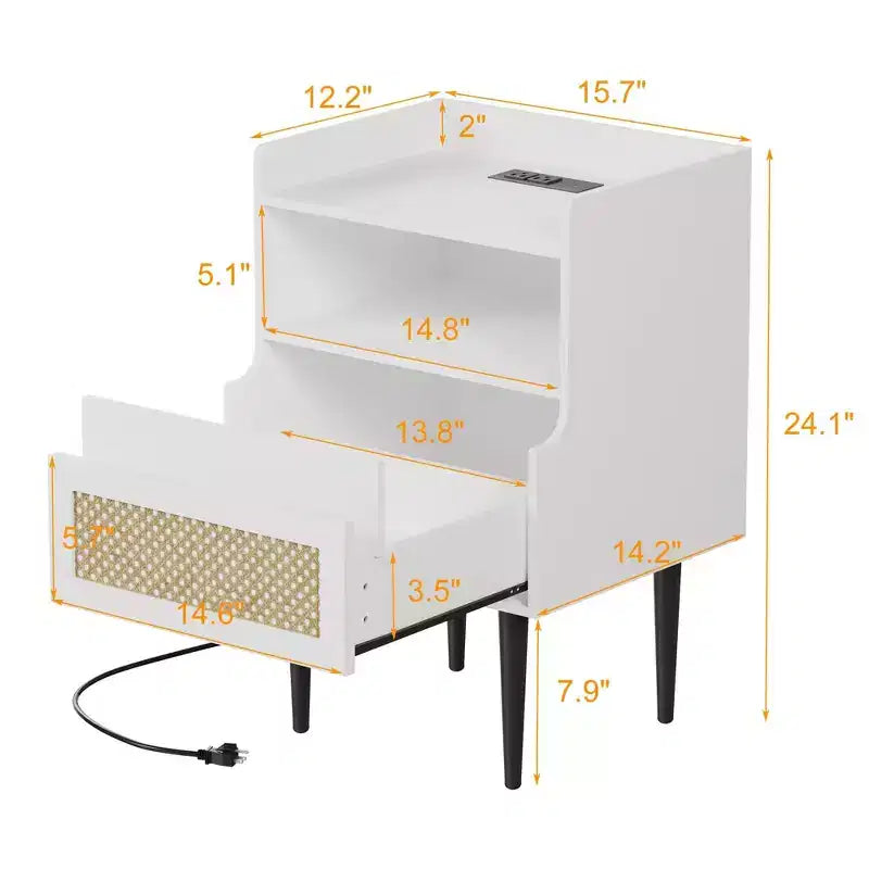 Comodini Set di 2 Tavolini da Notte - Stile rustico con Presa di Ricarica, Cassetto in Rattan e Ripiani Aperti, Tavolini laterali