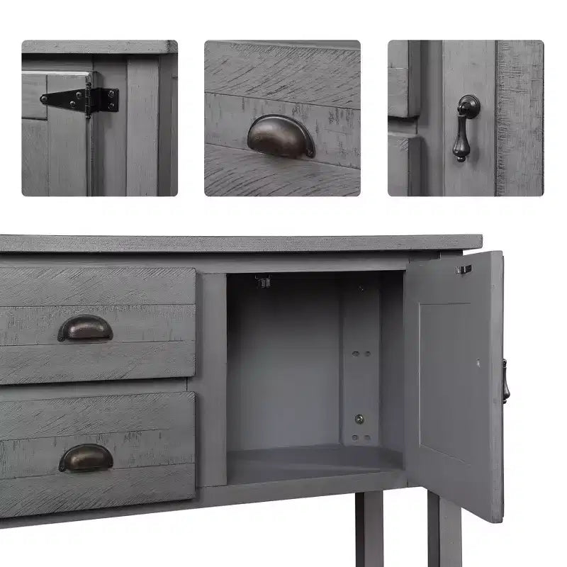 Consolle rustica con contenitore, Tavolo d'ingresso rustico con 2 cassetti e ante, Tavolo da divano in legno massello con ripiani