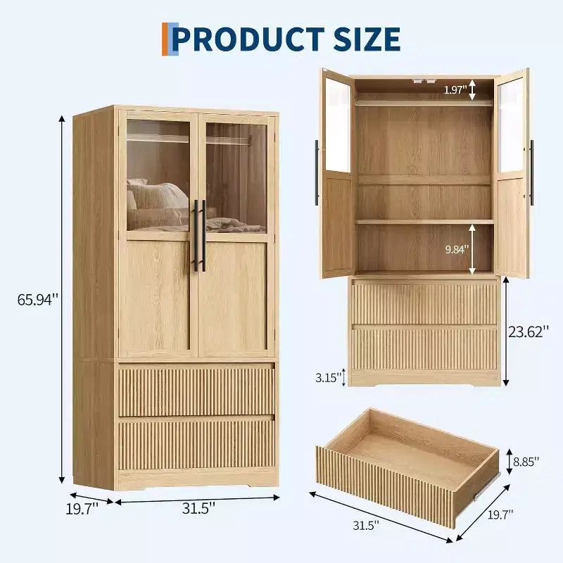 Armadio Guardaroba in Legno Naturale con Ante in Vetro - 2 Cassetti e Asta Appendiabiti - 80L x 167.5A cm - Armadio Indipendente per Camera da Letto