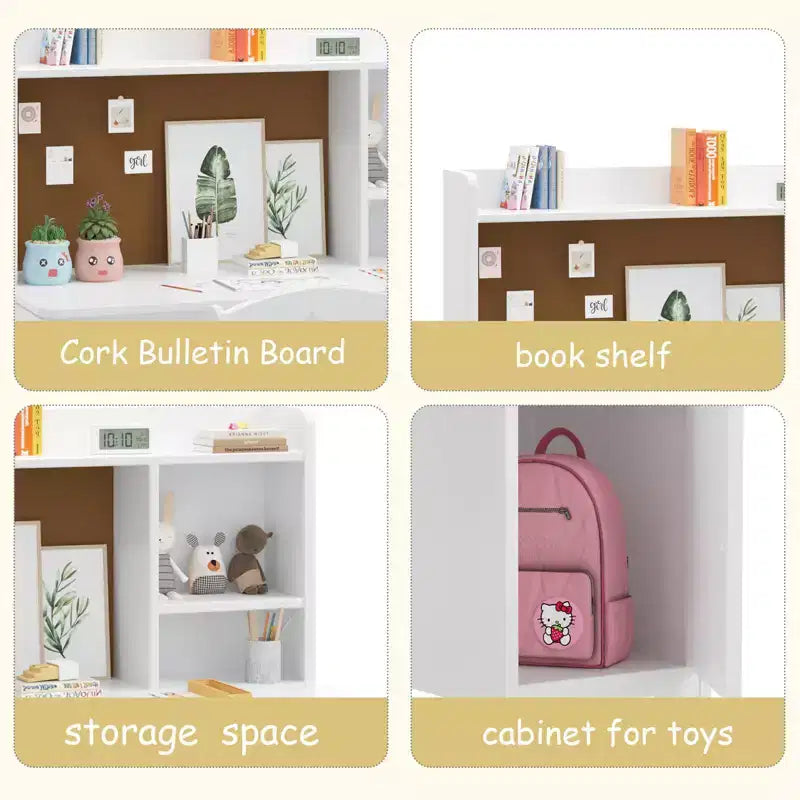 Scrivania per bambini con sedia, scrivania da studio per bambini e bambine con armadietto, scrivania da scrittura per studenti postazione di lavoro per computer per camera da letto e sala studio dei bambini, bianca