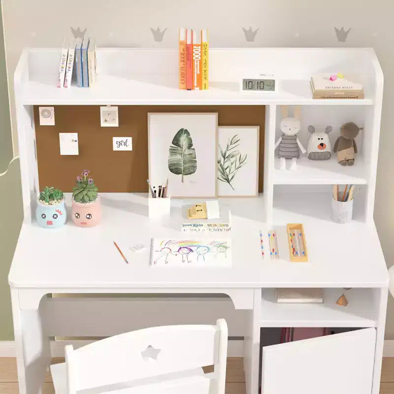 Scrivania per bambini con sedia, scrivania da studio per bambini e bambine con armadietto, scrivania da scrittura per studenti postazione di lavoro per computer per camera da letto e sala studio dei bambini, bianca
