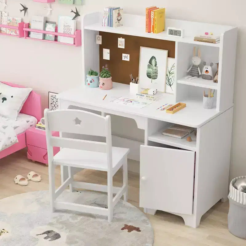 Scrivania per bambini con sedia, scrivania da studio per bambini e bambine con armadietto, scrivania da scrittura per studenti postazione di lavoro per computer per camera da letto e sala studio dei bambini, bianca