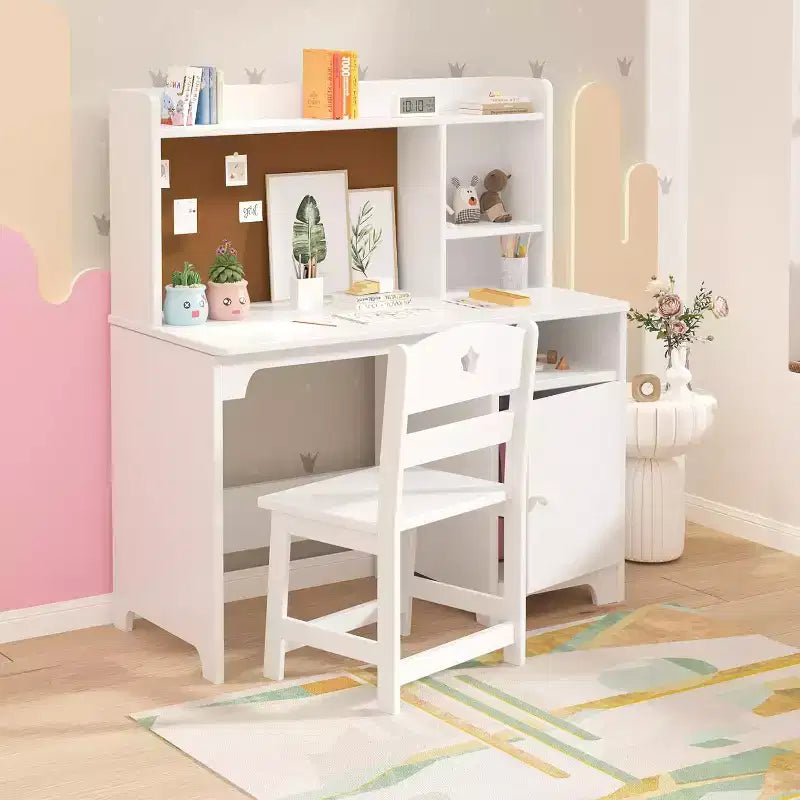 Scrivania per bambini con sedia, scrivania da studio per bambini e bambine con armadietto, scrivania da scrittura per studenti postazione di lavoro per computer per camera da letto e sala studio dei bambini, bianca