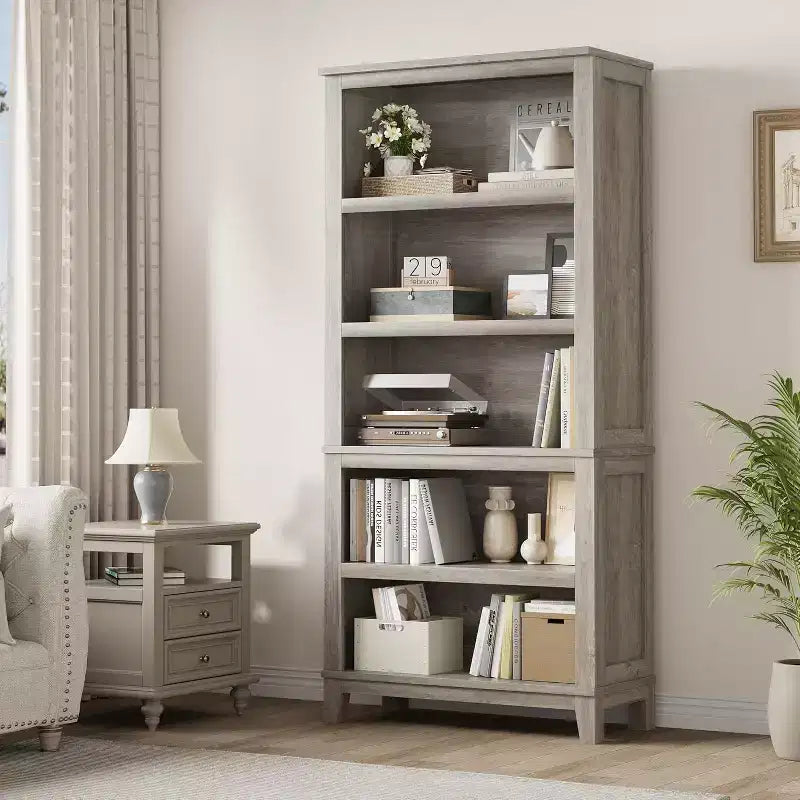 Libreria Farmhouse 71, 5 ripiani regolabili, 80 cm L x 30 cm P, venatura del legno rustico, per soggiorno, ufficio, biblioteca (grigio, ampia)