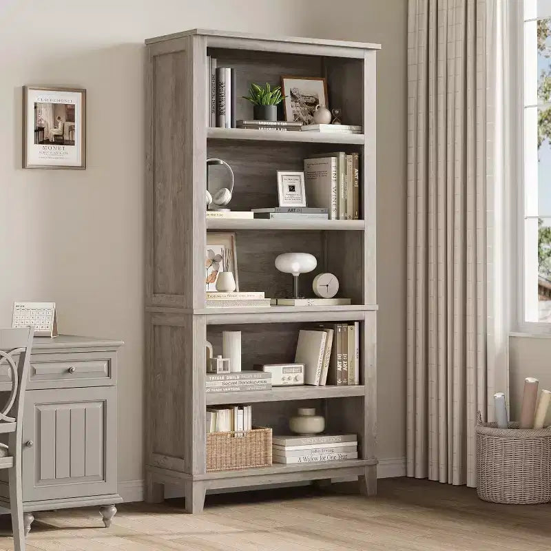 Libreria Farmhouse 71, 5 ripiani regolabili, 80 cm L x 30 cm P, venatura del legno rustico, per soggiorno, ufficio, biblioteca (grigio, ampia)