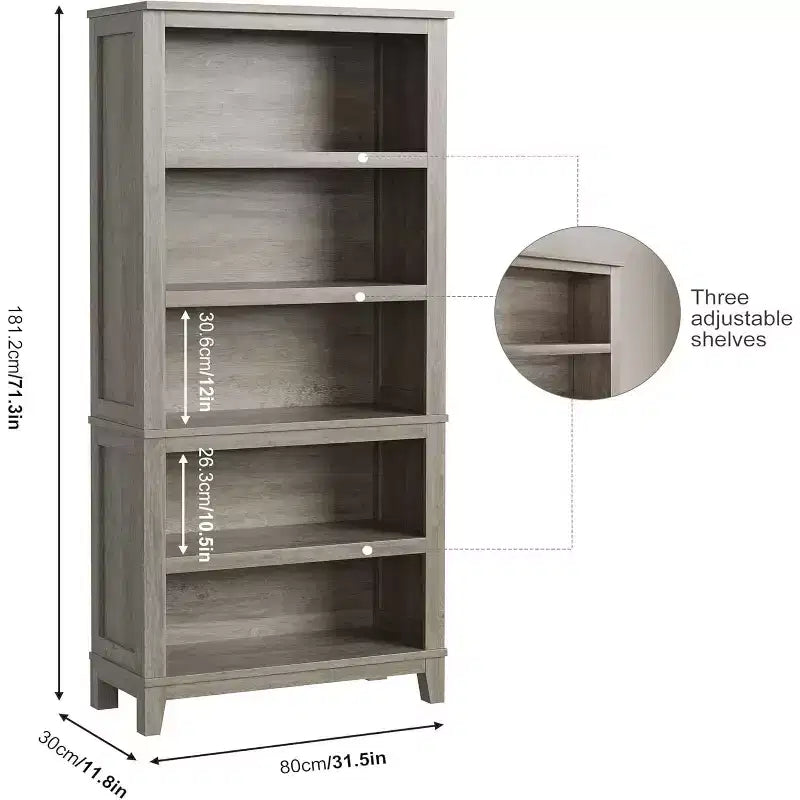 Libreria Farmhouse 71, 5 ripiani regolabili, 80 cm L x 30 cm P, venatura del legno rustico, per soggiorno, ufficio, biblioteca (grigio, ampia)