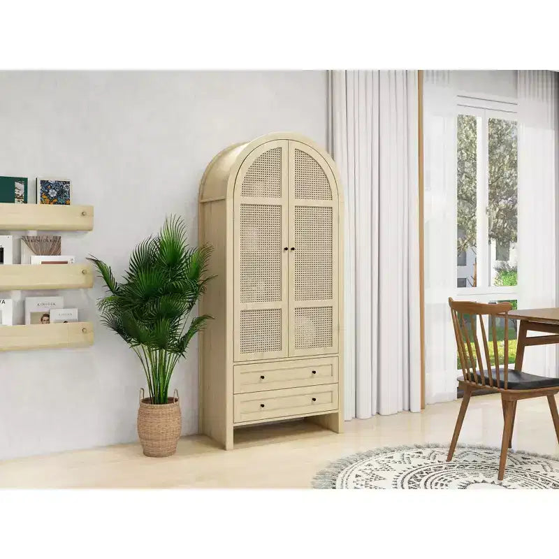 Okak Armadietto da Cucina ad Arco, Armadio Alto con 2 Cassetti e Ante in Rattan, Versatile Mobile per Soggiorno Sala da Pranzo, Naturale