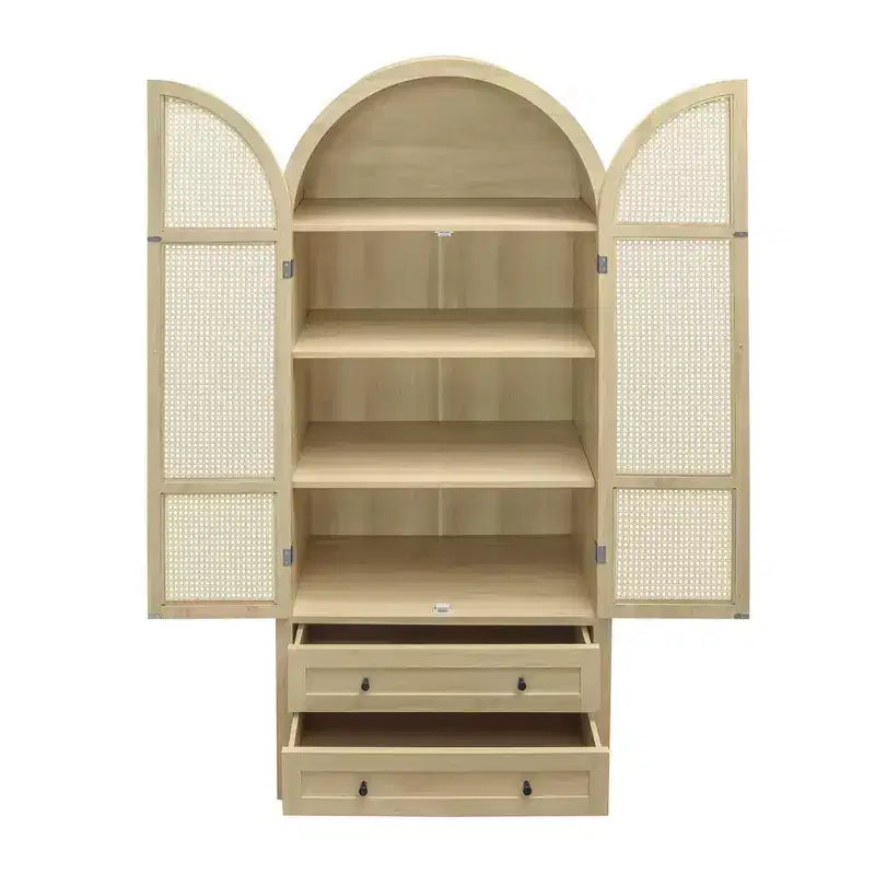 Okak Armadietto da Cucina ad Arco, Armadio Alto con 2 Cassetti e Ante in Rattan, Versatile Mobile per Soggiorno Sala da Pranzo, Naturale
