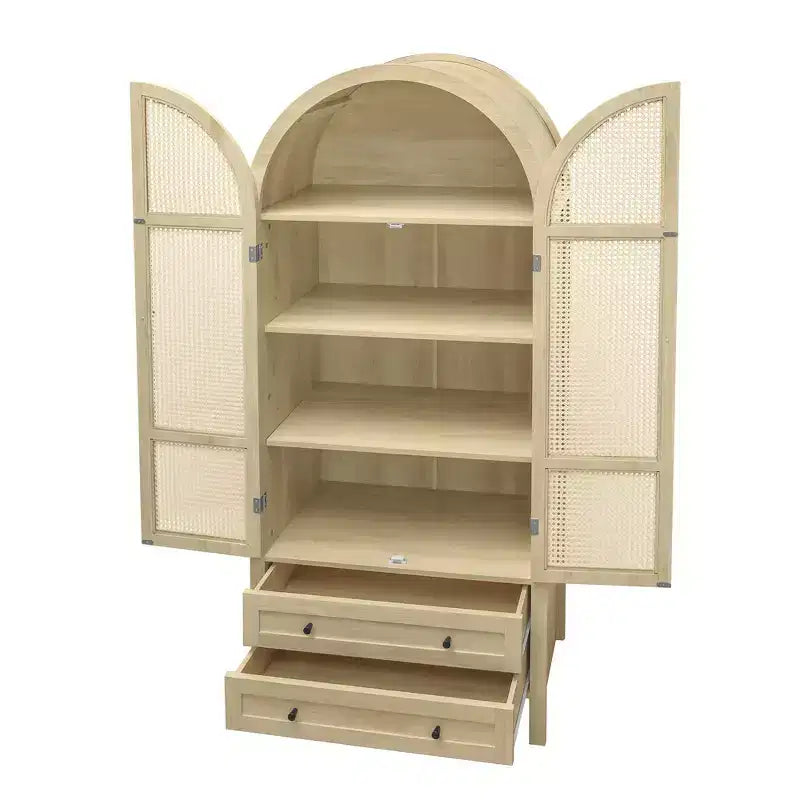 Okak Armadietto da Cucina ad Arco, Armadio Alto con 2 Cassetti e Ante in Rattan, Versatile Mobile per Soggiorno Sala da Pranzo, Naturale