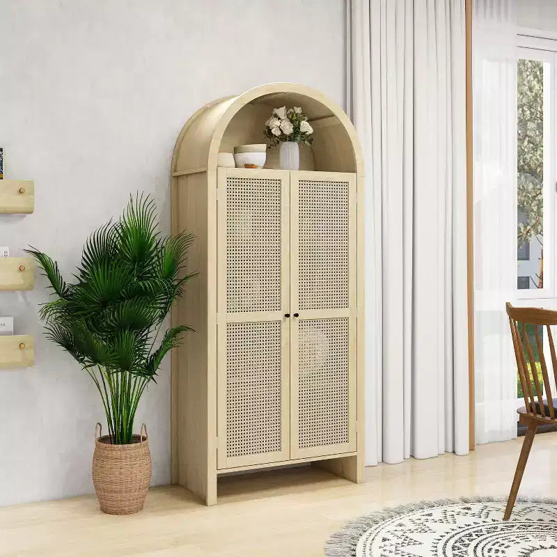 Okak Armadietto da Cucina ad Arco, Armadio Alto con 2 Cassetti e Ante in Rattan, Versatile Mobile per Soggiorno Sala da Pranzo, Naturale
