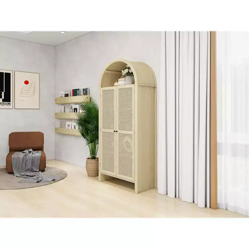 Okak Armadietto da Cucina ad Arco, Armadio Alto con 2 Cassetti e Ante in Rattan, Versatile Mobile per Soggiorno Sala da Pranzo, Naturale