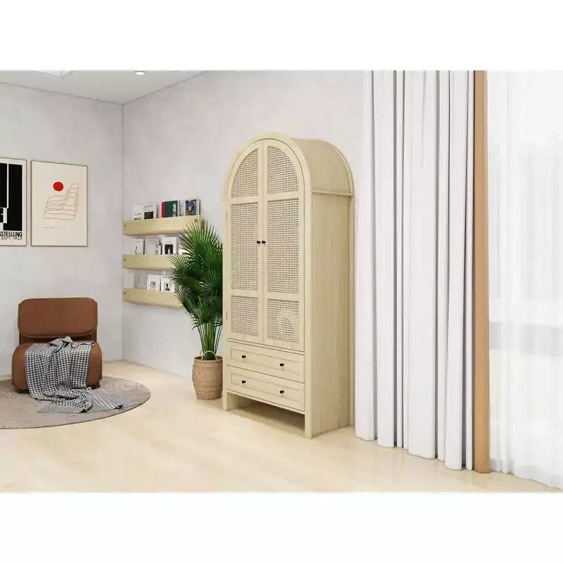 Okak Armadietto da Cucina ad Arco, Armadio Alto con 2 Cassetti e Ante in Rattan, Versatile Mobile per Soggiorno Sala da Pranzo, Naturale