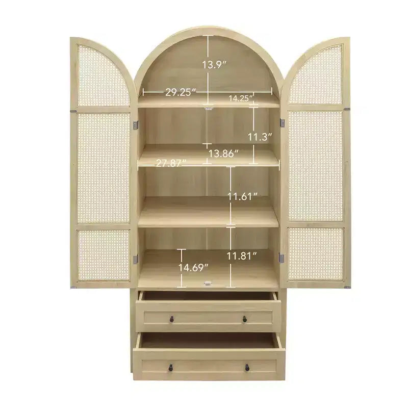 Okak Armadietto da Cucina ad Arco, Armadio Alto con 2 Cassetti e Ante in Rattan, Versatile Mobile per Soggiorno Sala da Pranzo, Naturale