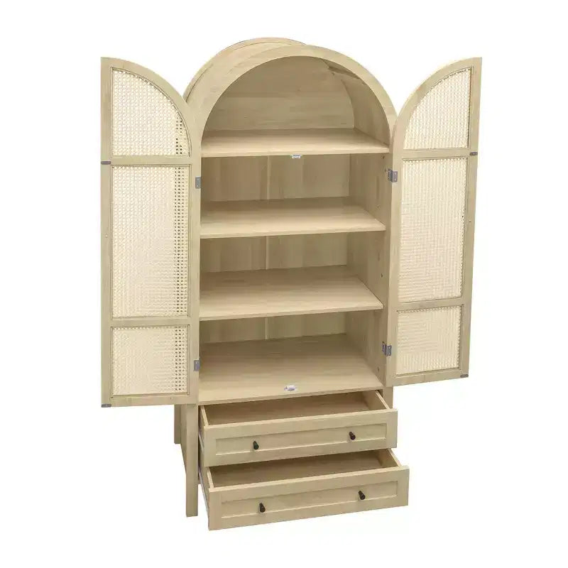 Okak Armadietto da Cucina ad Arco, Armadio Alto con 2 Cassetti e Ante in Rattan, Versatile Mobile per Soggiorno Sala da Pranzo, Naturale