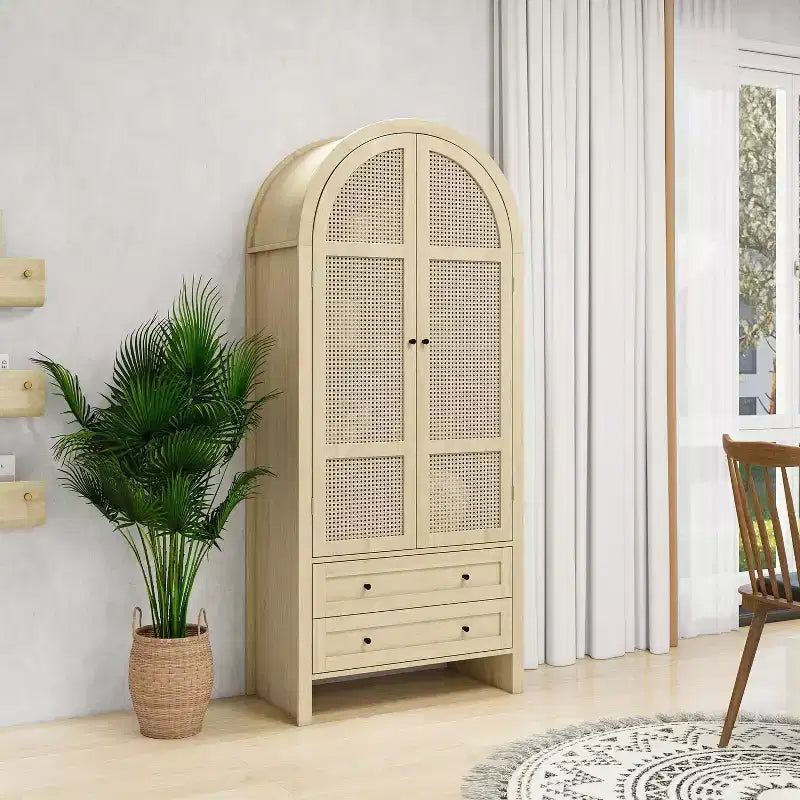 Okak Armadietto da Cucina ad Arco, Armadio Alto con 2 Cassetti e Ante in Rattan, Versatile Mobile per Soggiorno Sala da Pranzo, Naturale