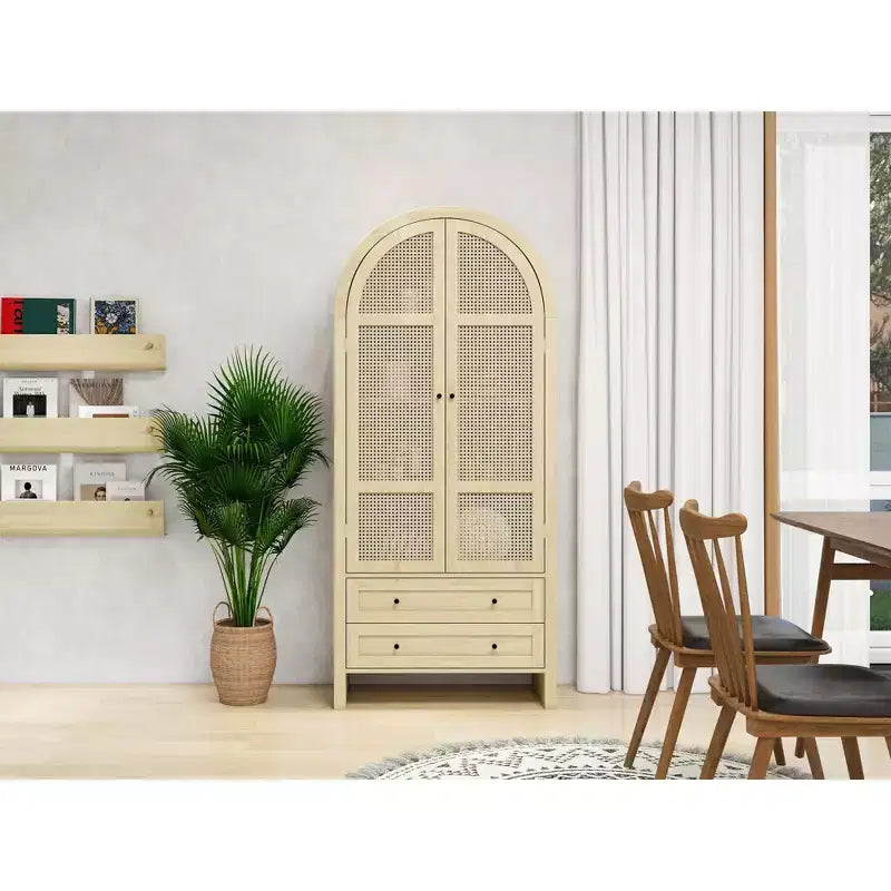 Okak Armadietto da Cucina ad Arco, Armadio Alto con 2 Cassetti e Ante in Rattan, Versatile Mobile per Soggiorno Sala da Pranzo, Naturale