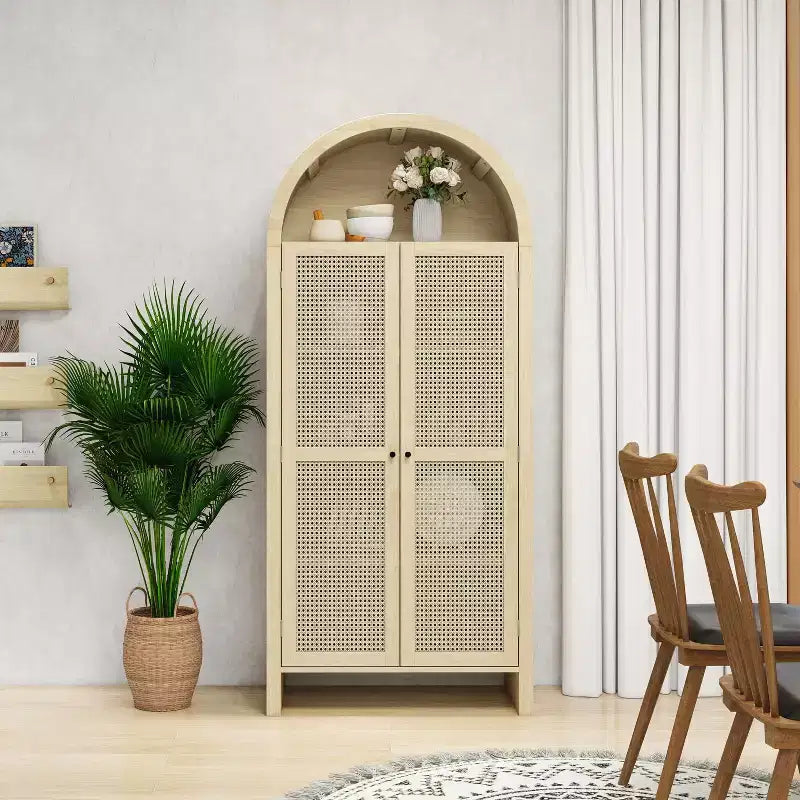 Okak Armadietto da Cucina ad Arco, Armadio Alto con 2 Cassetti e Ante in Rattan, Versatile Mobile per Soggiorno Sala da Pranzo, Naturale