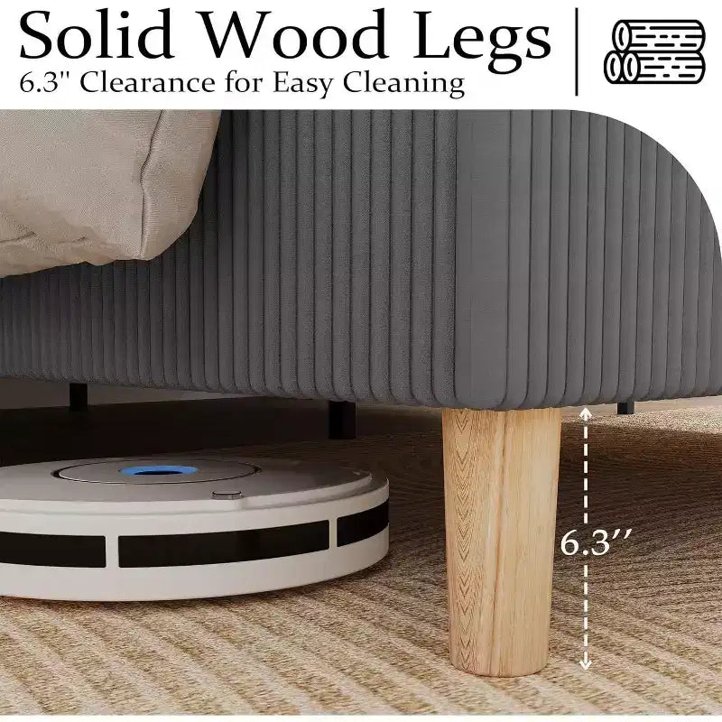 Acekool Base Letto Imbottita Full Size, Piattaforma in Velluto a Coste con Testiera Alettata con Canali Verticali, Doghe in Legno, Nessuna Rete a Molle, Grigio