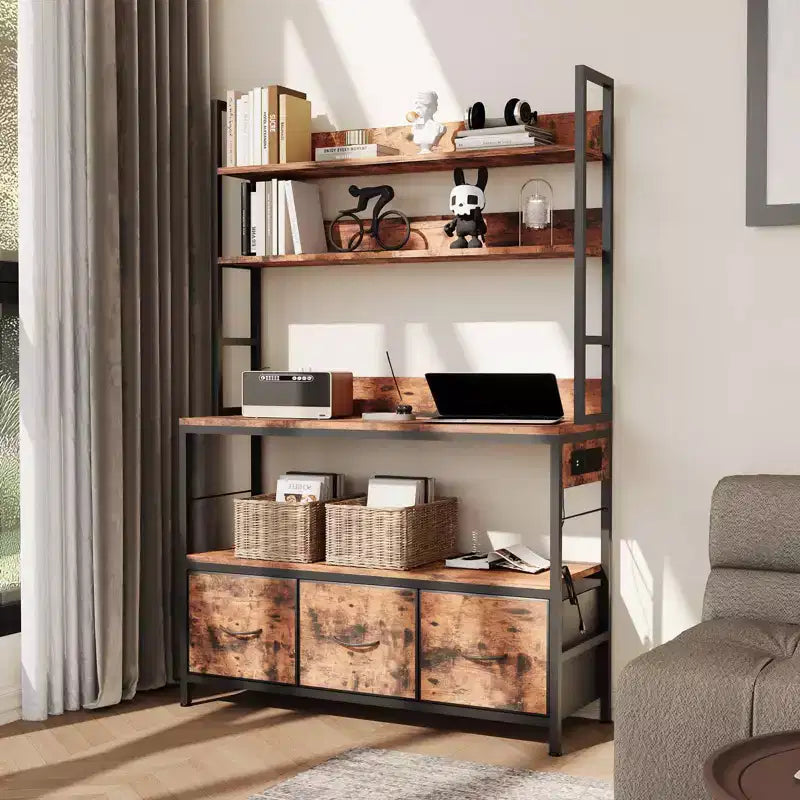 Scaffale da Cucina a 5 Livelli con Stazione di Ricarica e Cassetti, Scaffali Portaoggetti con Ganci per Cucina, Scaffale per Forno a Microonde Indipendente per Sala da Pranzo, Ufficio