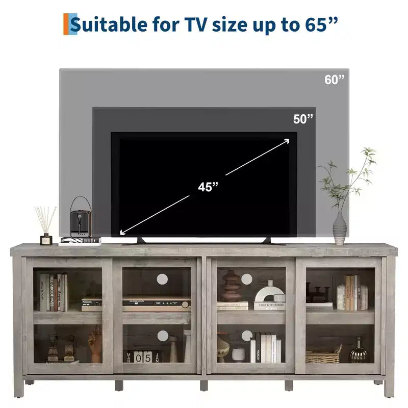 Mobile porta TV per 65 pollici, mobile TV di design con armadietto e 4 ante scorrevoli in vetro, moderno tavolo console TV per soggiorno, camera da letto