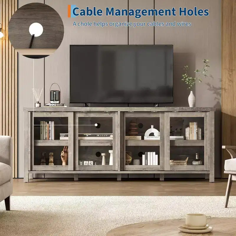 Mobile porta TV per 65 pollici, mobile TV di design con armadietto e 4 ante scorrevoli in vetro, moderno tavolo console TV per soggiorno, camera da letto