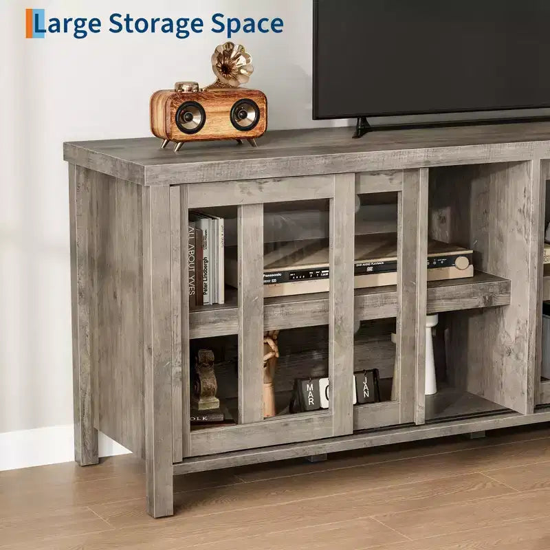 Mobile porta TV per 65 pollici, mobile TV di design con armadietto e 4 ante scorrevoli in vetro, moderno tavolo console TV per soggiorno, camera da letto